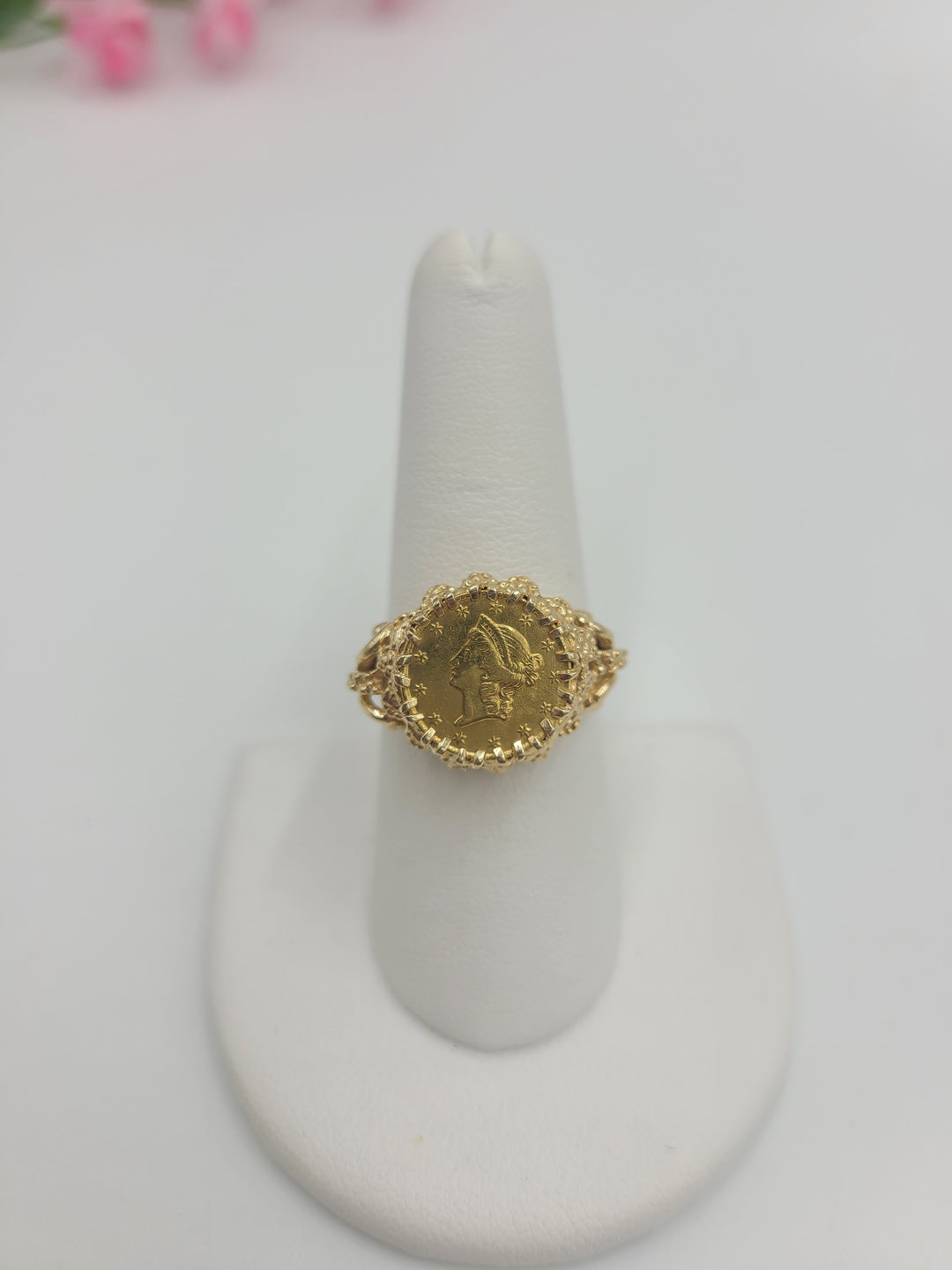 k709 Vintage Unisex 10kt Yellow Gold 1849 $1 Coin Ring