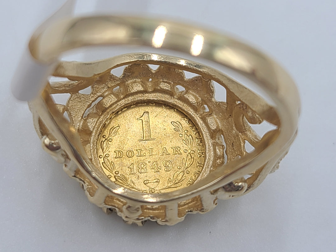 k709 Vintage Unisex 10kt Yellow Gold 1849 $1 Coin Ring