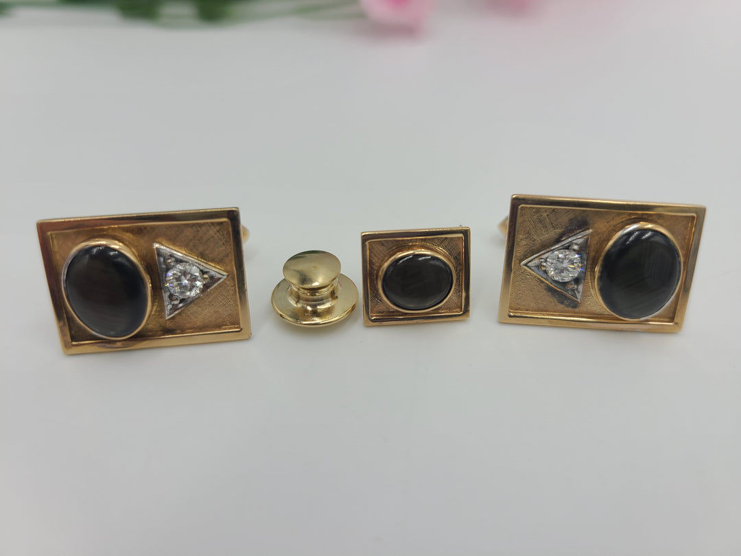 k736 Handsome Men's Diamond and Black Sapphire Cufflinks and Tie Pin Set