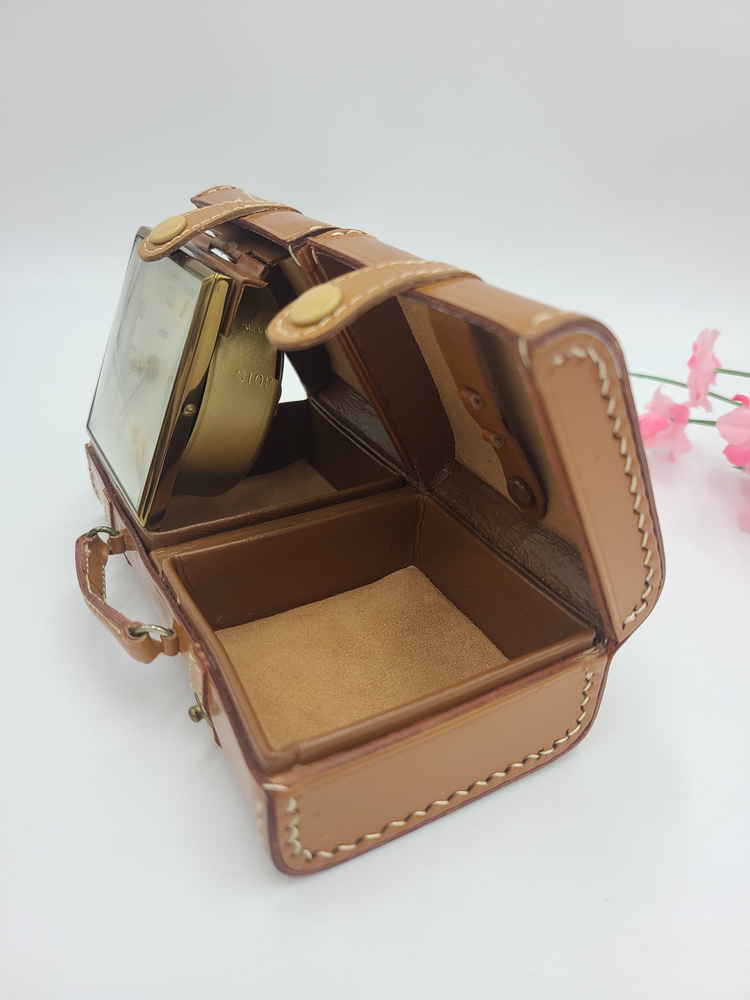 h403 (2) Leather Luggage Style Folding Endura Travel Alarm Clocks