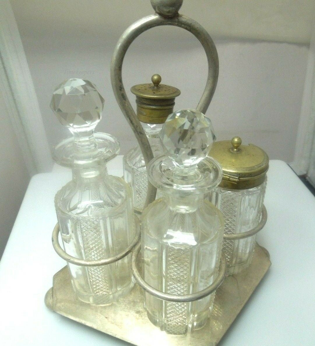 Antique Pewter, Etched Glass Cruet Set - outlet Condiment Server