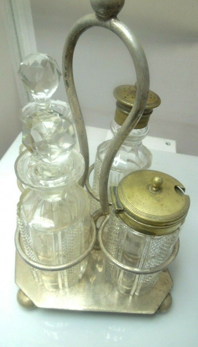 Antique Victorian Silver Plated Glass Cruet Condiment Set