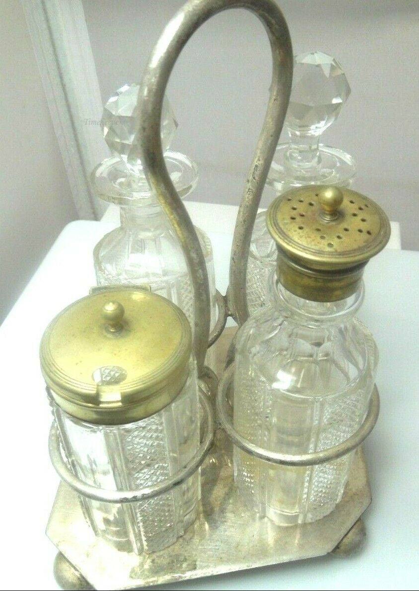 Antique Victorian Silver Plated Glass Cruet Condiment Set