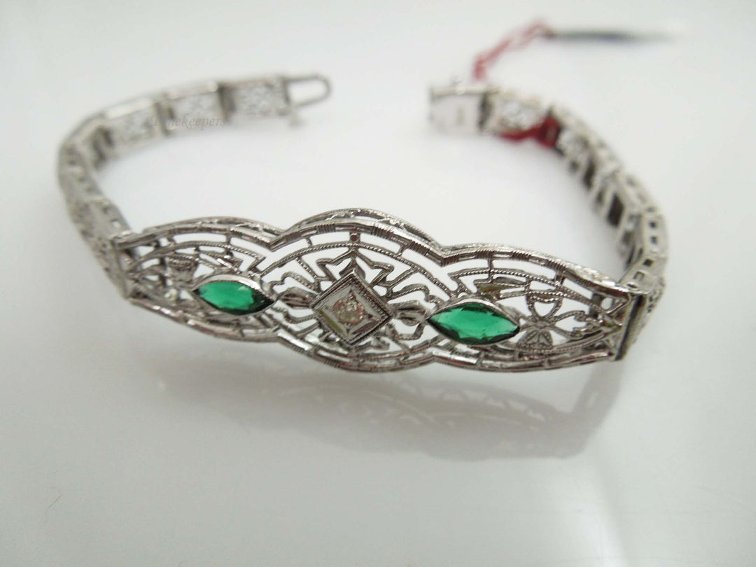 a174 Vintage 1920s Diamond and Marquise Emeralds Bracelet in 14K White Gold