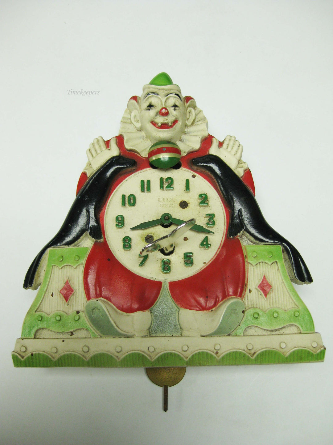 b776 Vintage 1930s Lux Company Animated Clown and Seals Pendulette Wind Up Clock