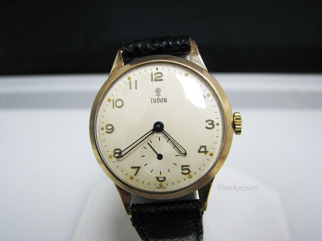j125 Handsome Vintage 1950's 10k YG Tudor Watch with Black Leather Band