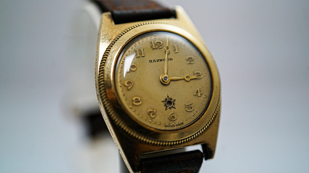 k047 Vintage 1920's Men's 14kt Yellow Gold Harwood Self Winding Wristwatch