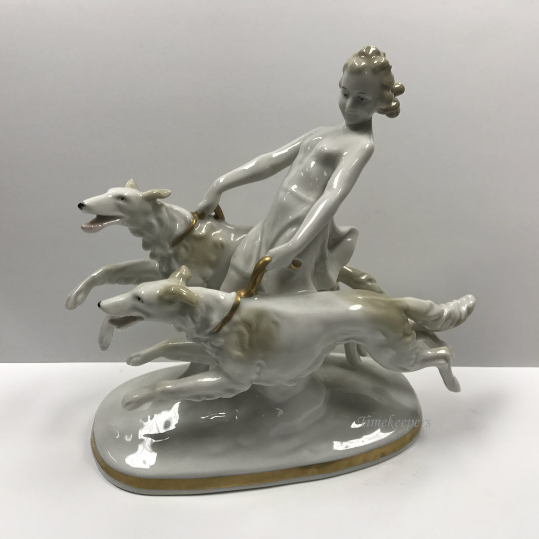 d200 Antique Original Porcelain Girl with Two Hunting Dogs Figurine Germany Made