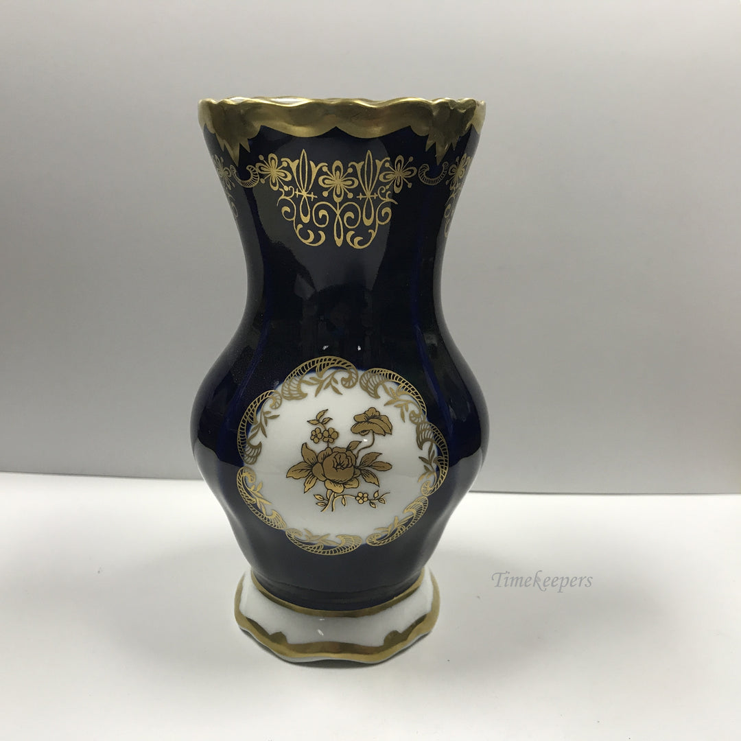 d202 Vintage Original Porcelain Cobalt Blue Gold Enamel Ruffle Top Vase Made GDR