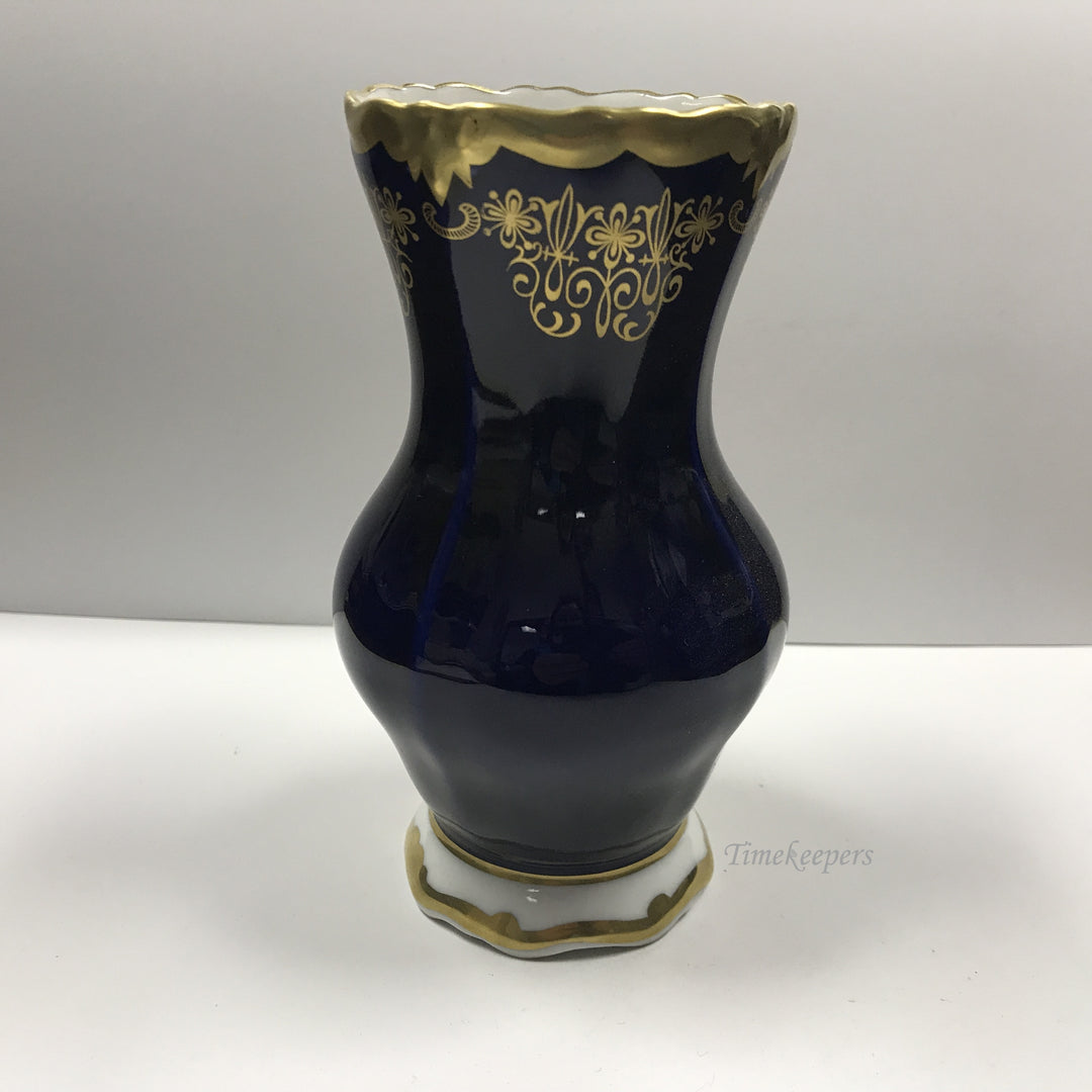 d202 Vintage Original Porcelain Cobalt Blue Gold Enamel Ruffle Top Vase Made GDR