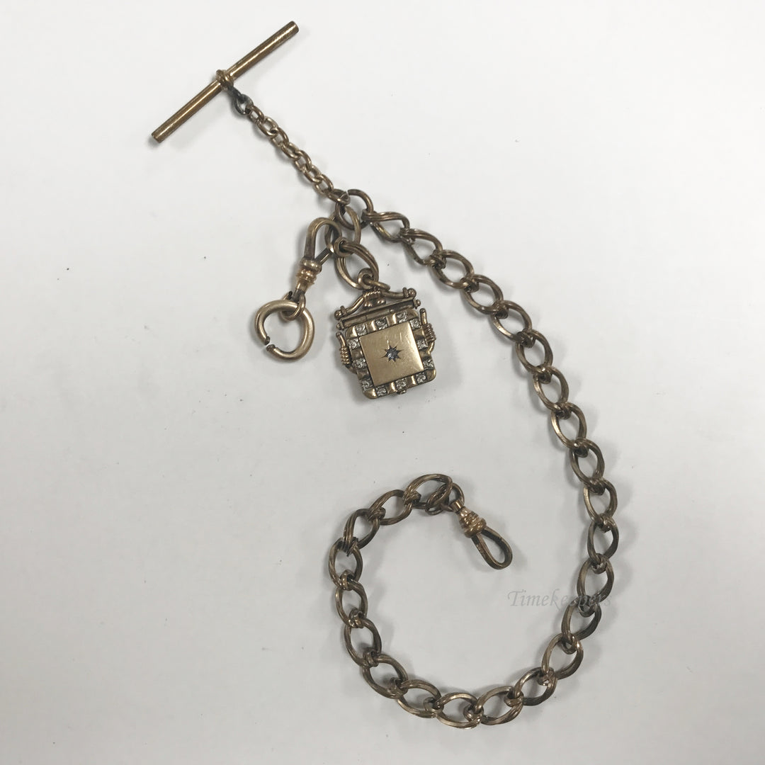 e501 Antique Gold Filled Picture Frame Locket Pendant Vest Pocket Watch Chain