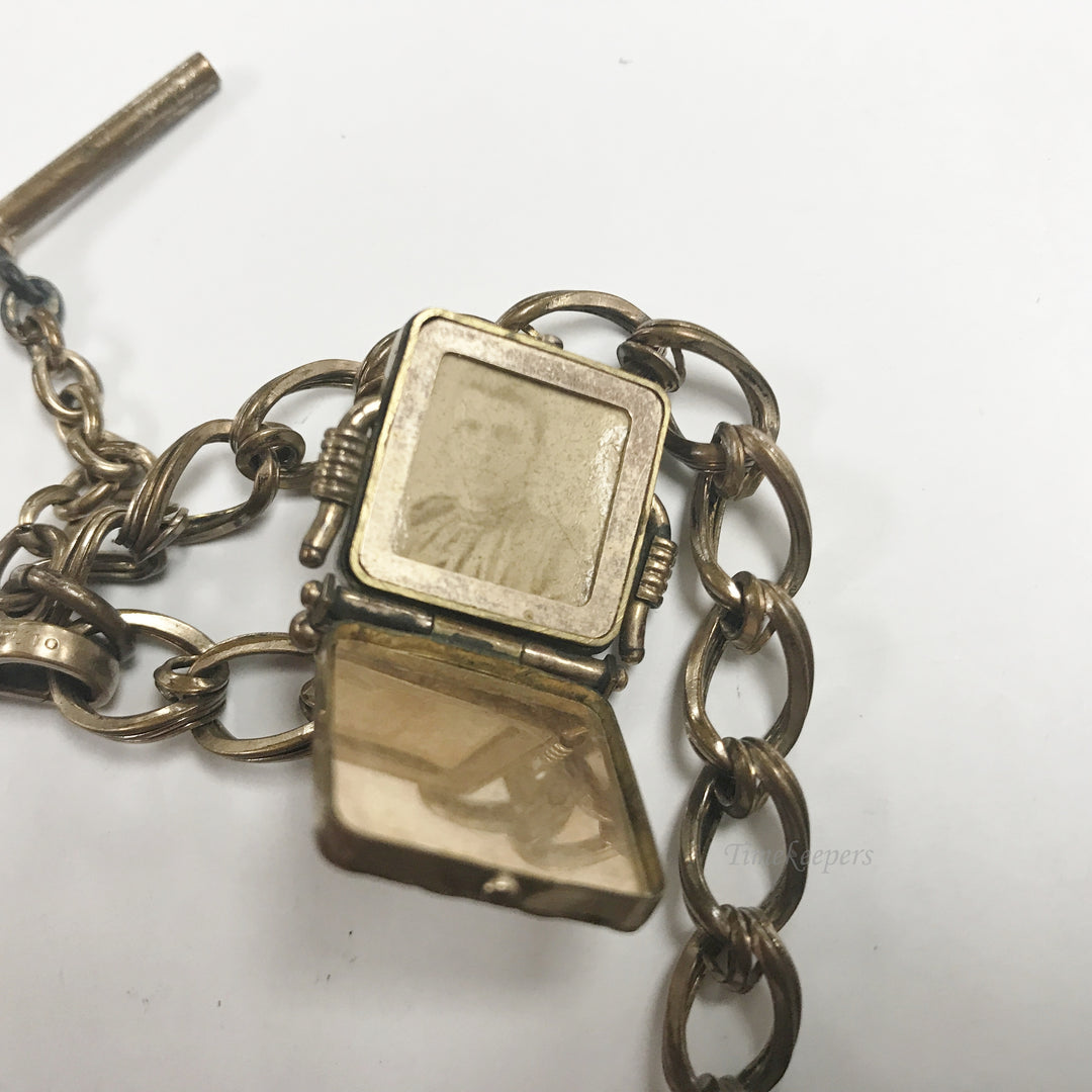 e501 Antique Gold Filled Picture Frame Locket Pendant Vest Pocket Watch Chain