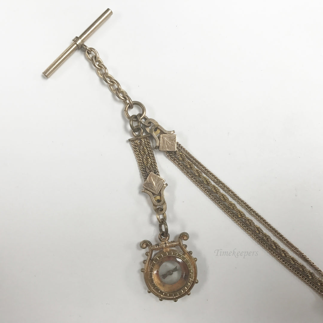e533 Antique Gold Filled Vest Pocket Watch Slider Triple Chain & Compass Pendant