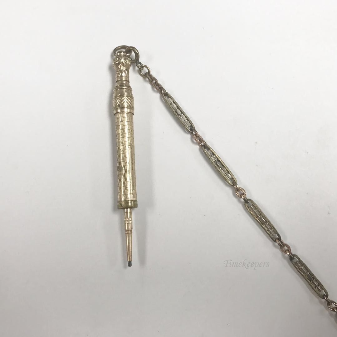 e542 Antique Gold Filled Pencil Pocket Watch Tri-Tone Link Chain & Pencil