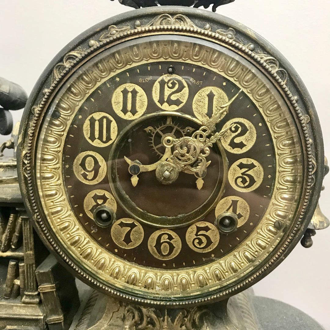 f246 Antique 1800's Ansonia Newton W/2 Decanters Bronze Miniature Stand Clock