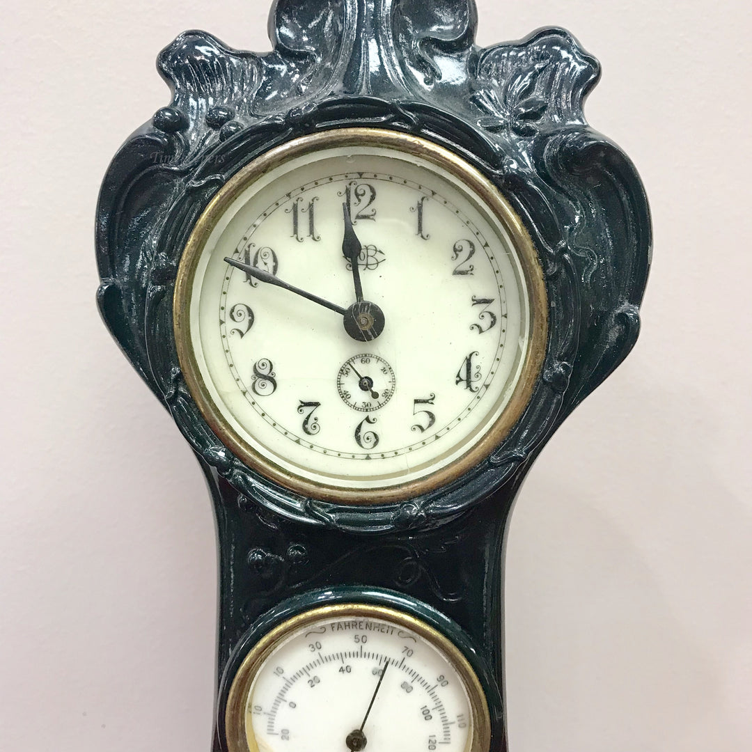 f326 Antique The Amesbury 1920s Metal Mantle Stand Clock with Thermometer