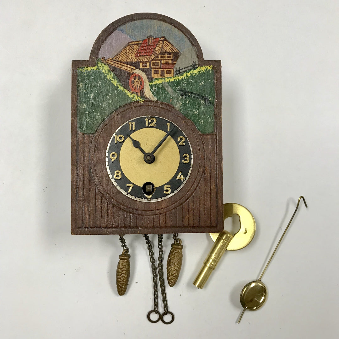 f389 Vintage German Animated Pendulette Miniature Wall Novelty Clock 1900's