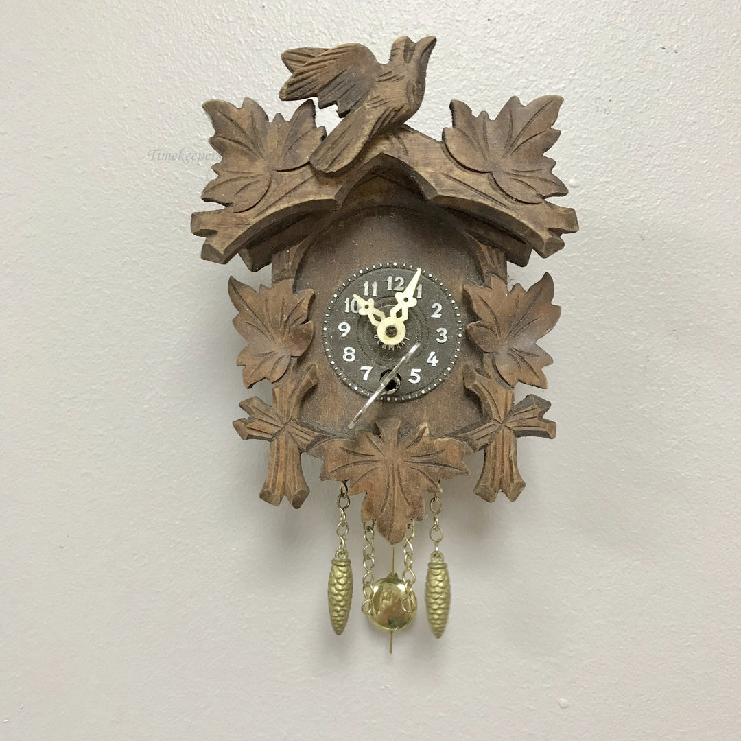 f390 Vintage German Pendulette Carved Wood Miniature Wall Novelty Clock 1900's