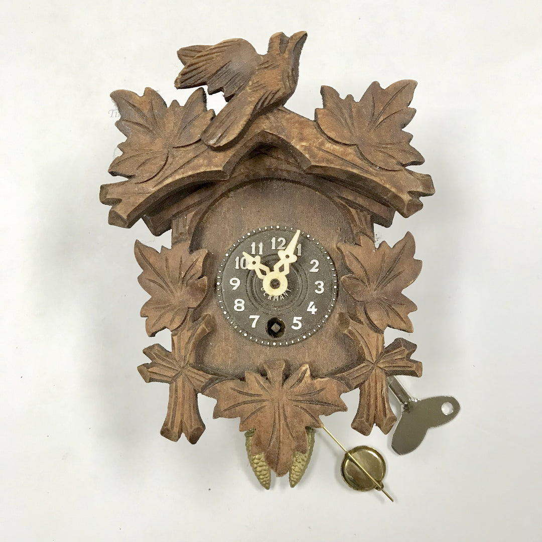 f390 Vintage German Pendulette Carved Wood Miniature Wall Novelty Clock 1900's