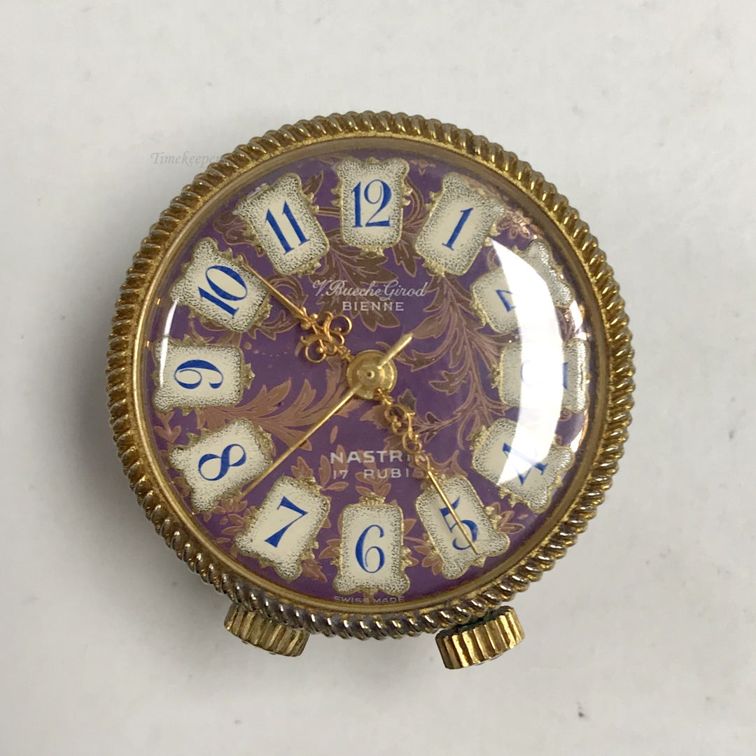 f420 Vintage Bueche Girod Bienne Swiss Miniature Travel Music Alarm Clock 17R