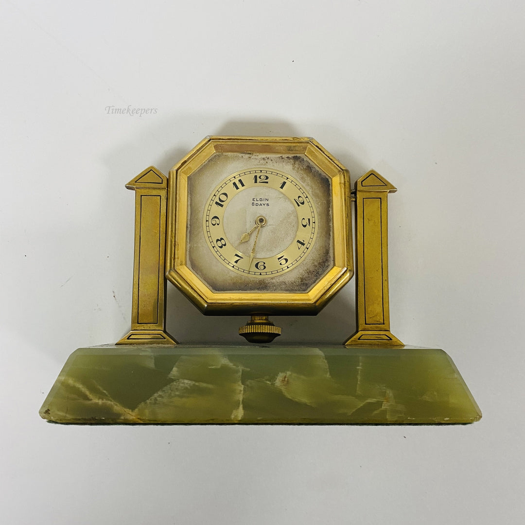 f467 Vintage Elgin 8 Days Mantel Standing Clock Green Jade Base