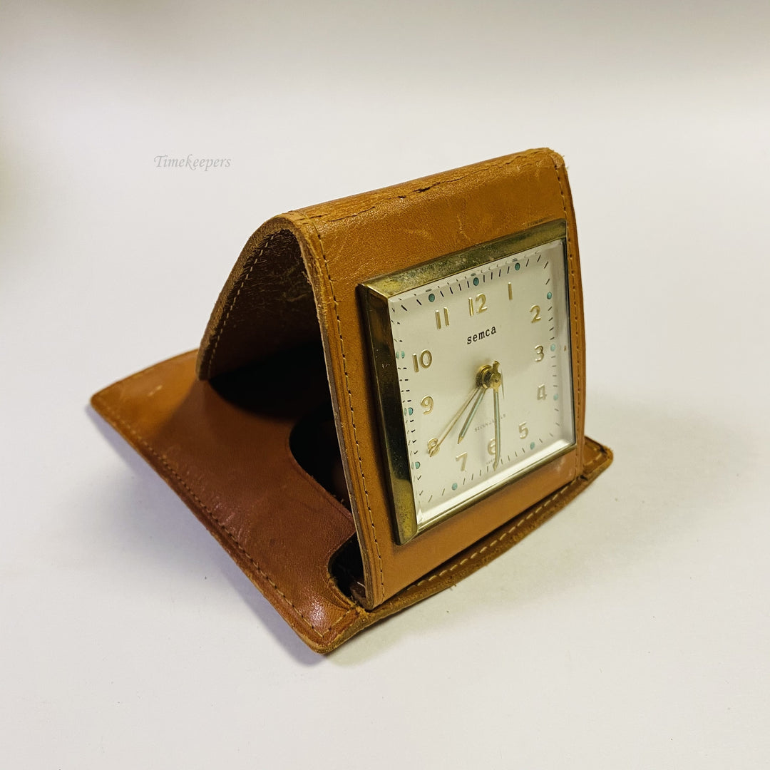 f488 Vintage Semca Germany Travel Folding Alarm Clock Leather Case 7J