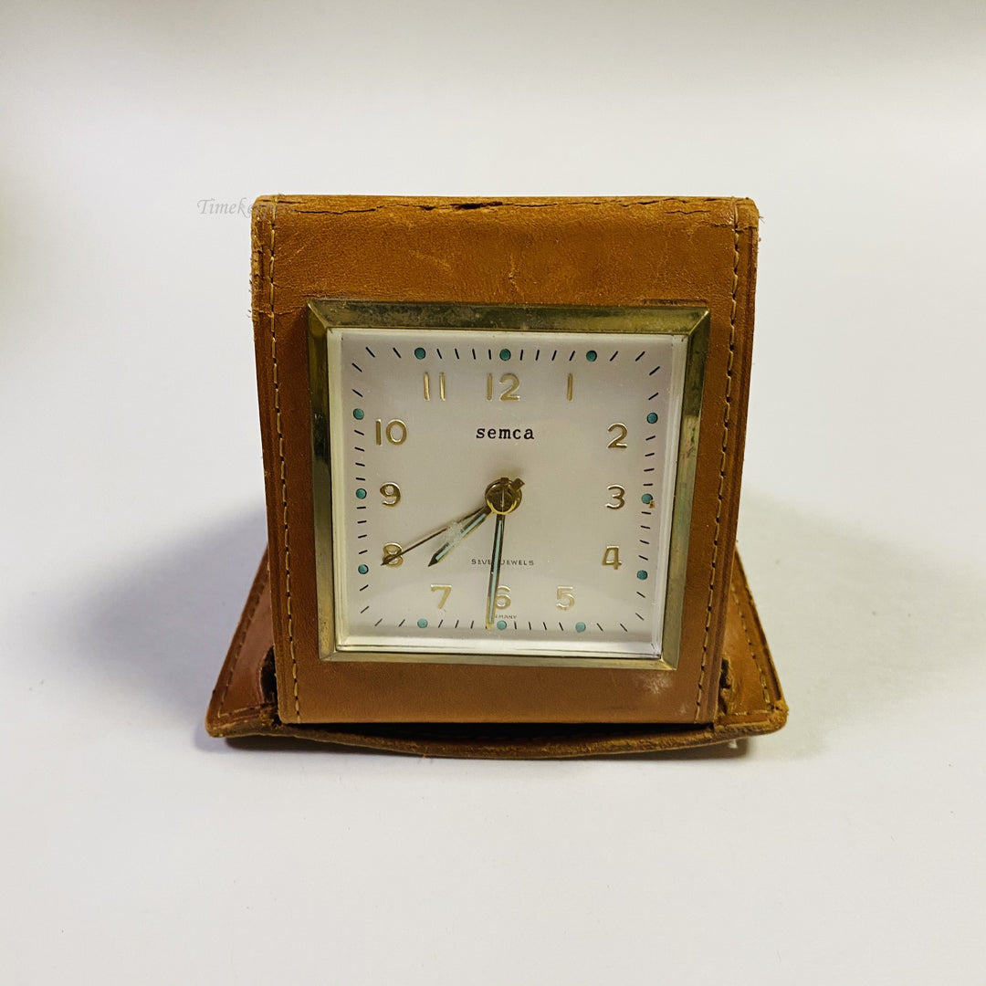 f488 Vintage Semca Germany Travel Folding Alarm Clock Leather Case 7J
