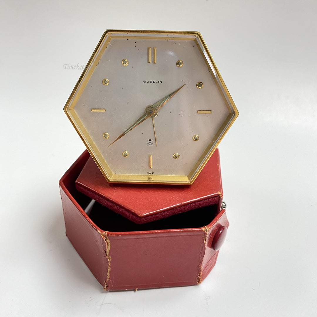 f496 Vintage Gubelin Swiss Made Mini Travel Alarm Clock & Case