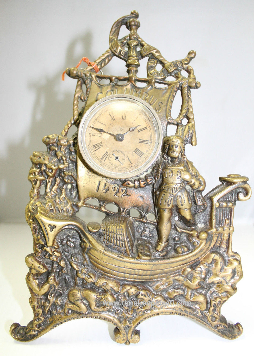 c284 Antique Cast Iron Columbus 1492 Boat Standing Clock 1892 Working Condition