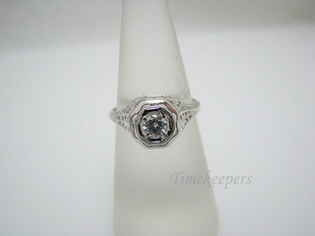 c503 Stunning Vintage Solitaire Diamond Ring, Filigree Mtg in 18k WG From the 1930s