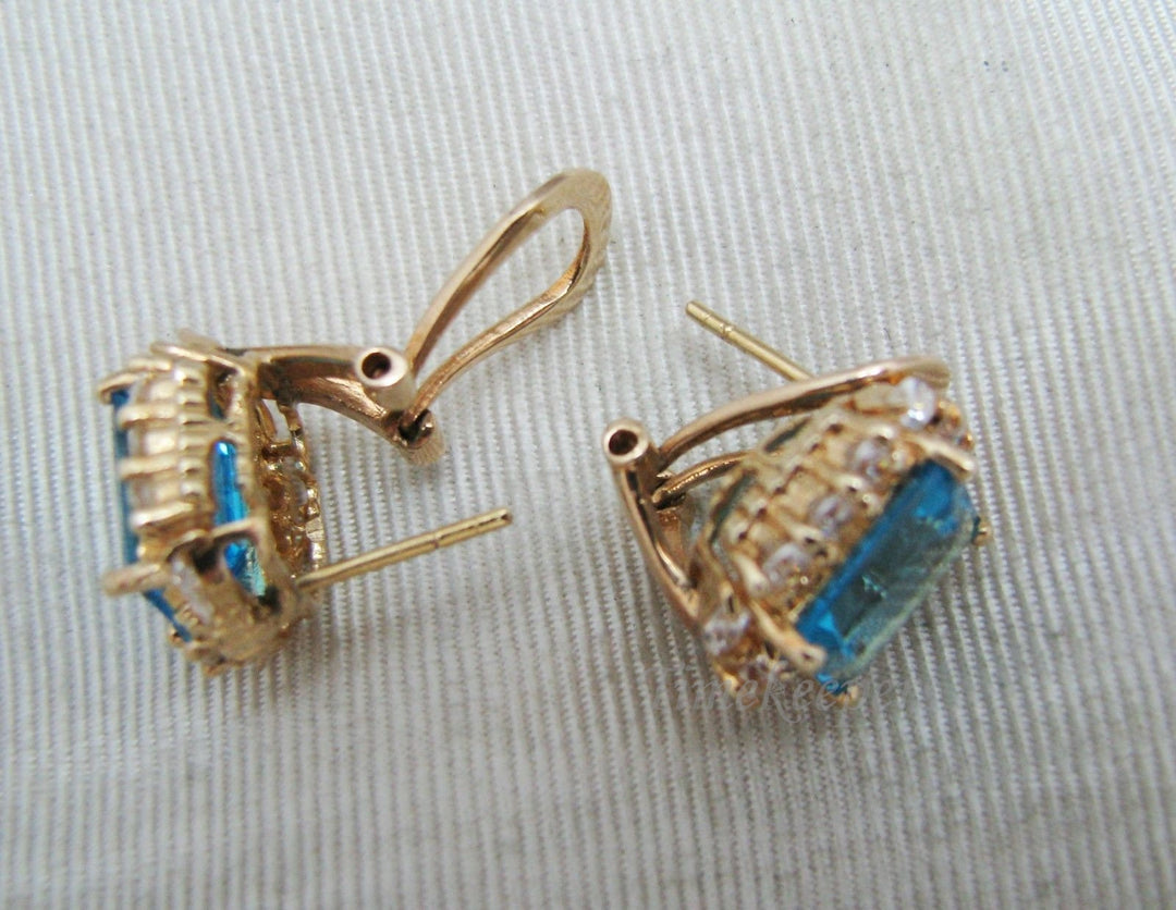 c390 Stunning Earrings Emerald Cut Aqua Blue Stone &amp; CZs in 14k Yellow Gold