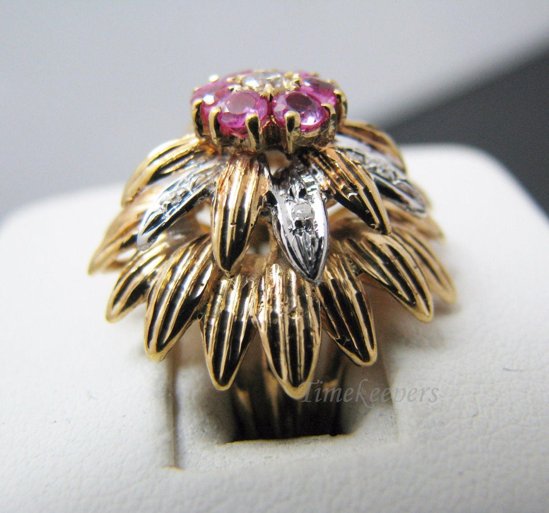 a452 18k Yellow Gold Ring with Blooming Flower, Diamond and Pink Tourmaline