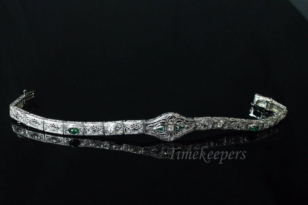 a173 Vintage 1920's Diamond and Trillion Emeralds Bracelet in 14K White Gold