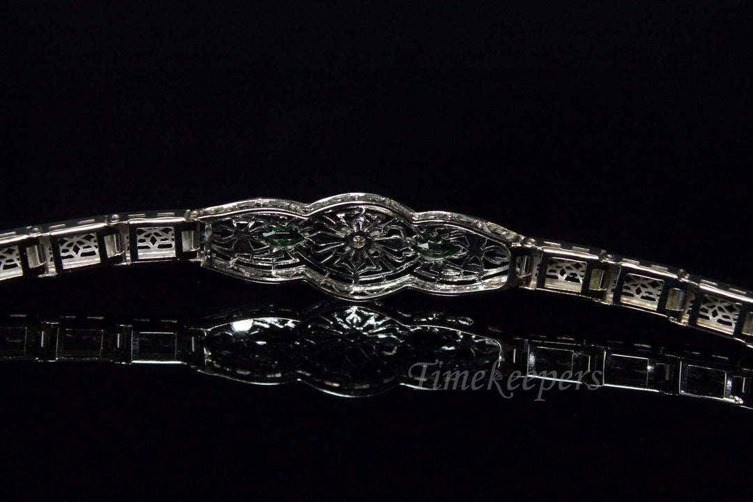 a174 Vintage 1920s Diamond and Marquise Emeralds Bracelet in 14K White Gold