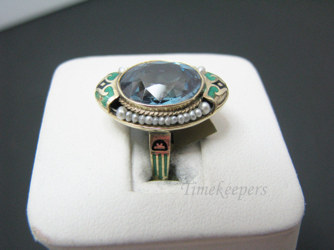 a402 Vintage 14kt Yellow Gold Blue Zircon, Seed Pearl and Enamel ring