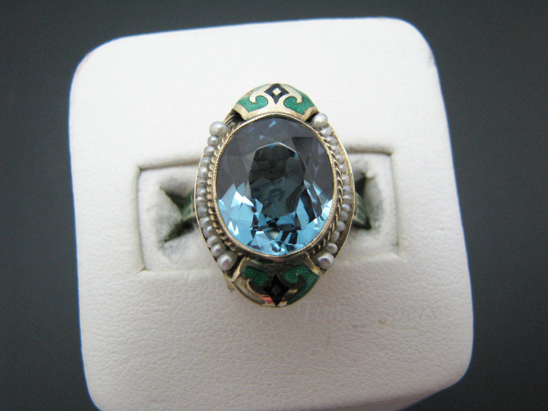 a402 Vintage 14kt Yellow Gold Blue Zircon, Seed Pearl and Enamel ring