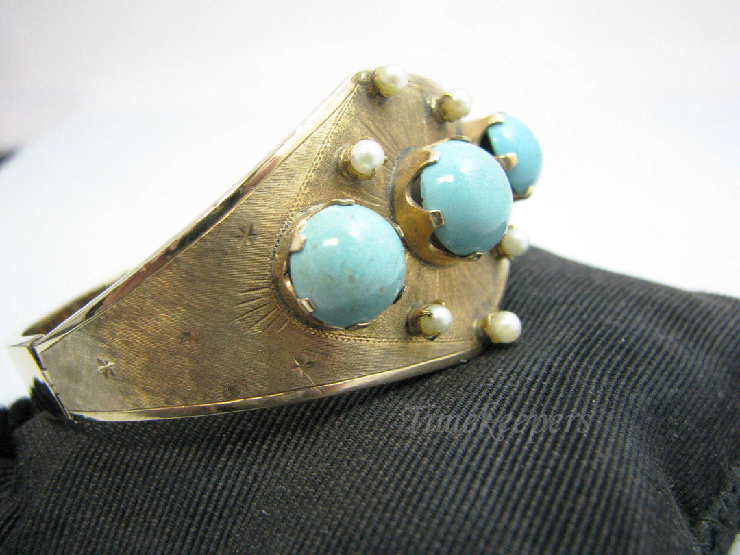 a716 Stunning 14k Yellow Gold Hinged Bracelet with Turquoise & Pearls