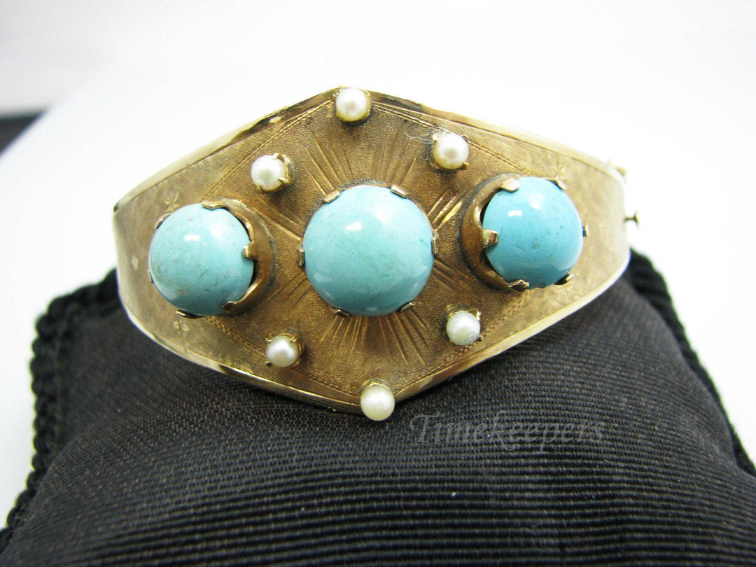 a716 Stunning 14k Yellow Gold Hinged Bracelet with Turquoise & Pearls