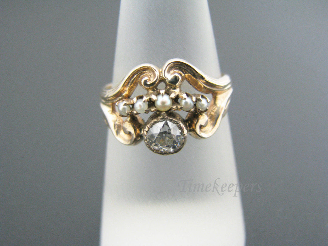 c504 Stunning Vintage Ring with Center Diamond and Seed Pearls in 10k YG