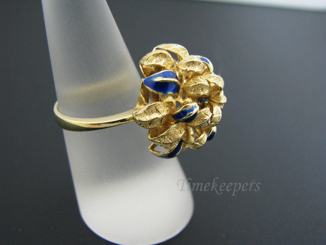 c495 Unique Chrysanthemum Ring with Blue Enamel in 18k Yellow Gold