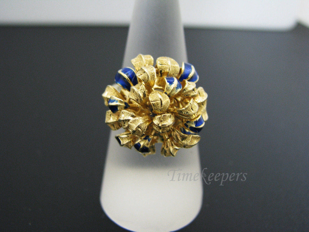c495 Unique Chrysanthemum Ring with Blue Enamel in 18k Yellow Gold