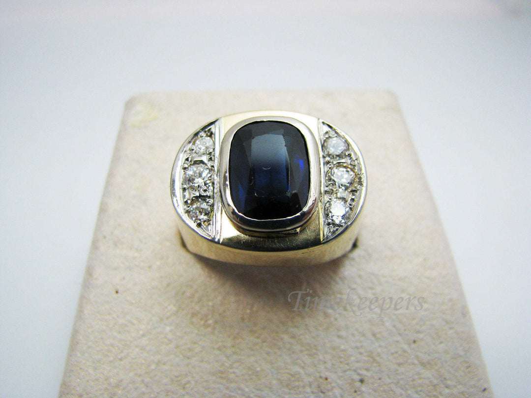 a1023 Handsome 14k Yellow Gold Dark Blue Stone &amp; Diamond Ring Size Size 9.5