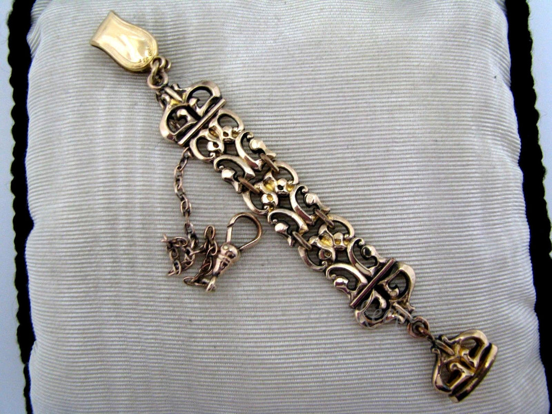 c383 10K Vintage (3) Filigree Link Fob w/ Pocket Watch Chain on Waist clip and Signet