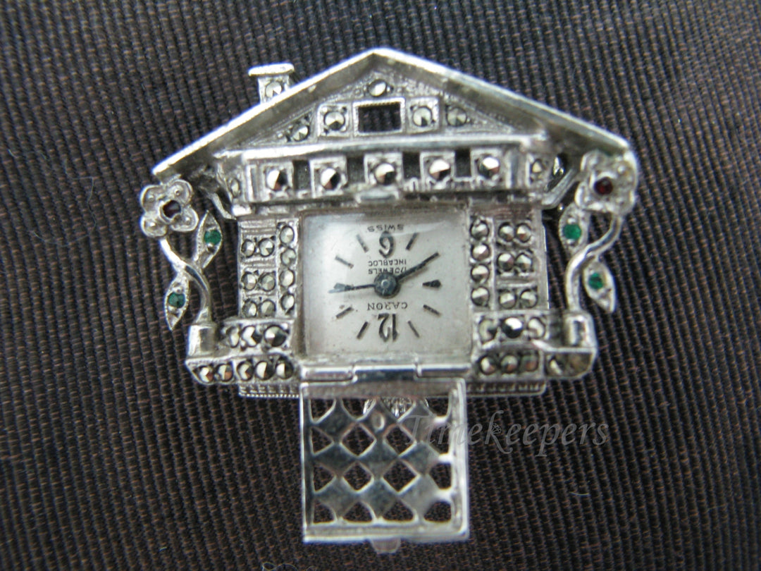 a322 Unique Rare Vintage House Lapel Watch in Sterling Silver with Marcasite