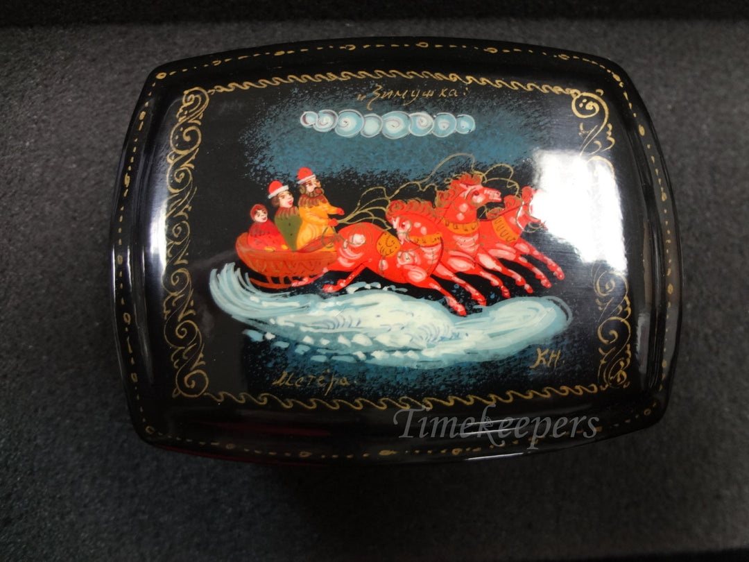 c527 Russian Painted Lacquer Box Featuring a Winter Scene From The Twelve Months