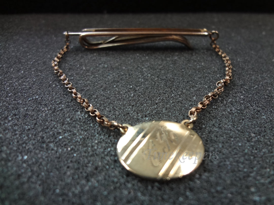 b009 Vintage Tie Bar with Chain and Small Engraved Medallion