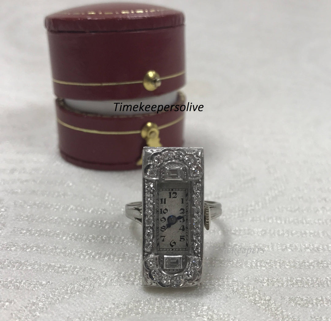 a809 Vintage White Platinum 26 Diamonds Ladies' Swiss Elegant Watch Ring Size 6