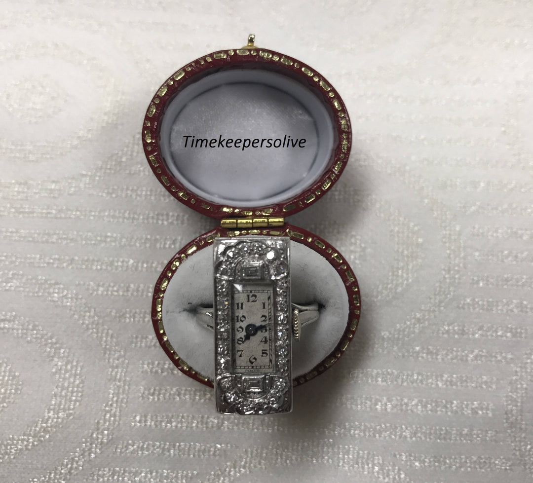 a809 Vintage White Platinum 26 Diamonds Ladies' Swiss Elegant Watch Ring Size 6