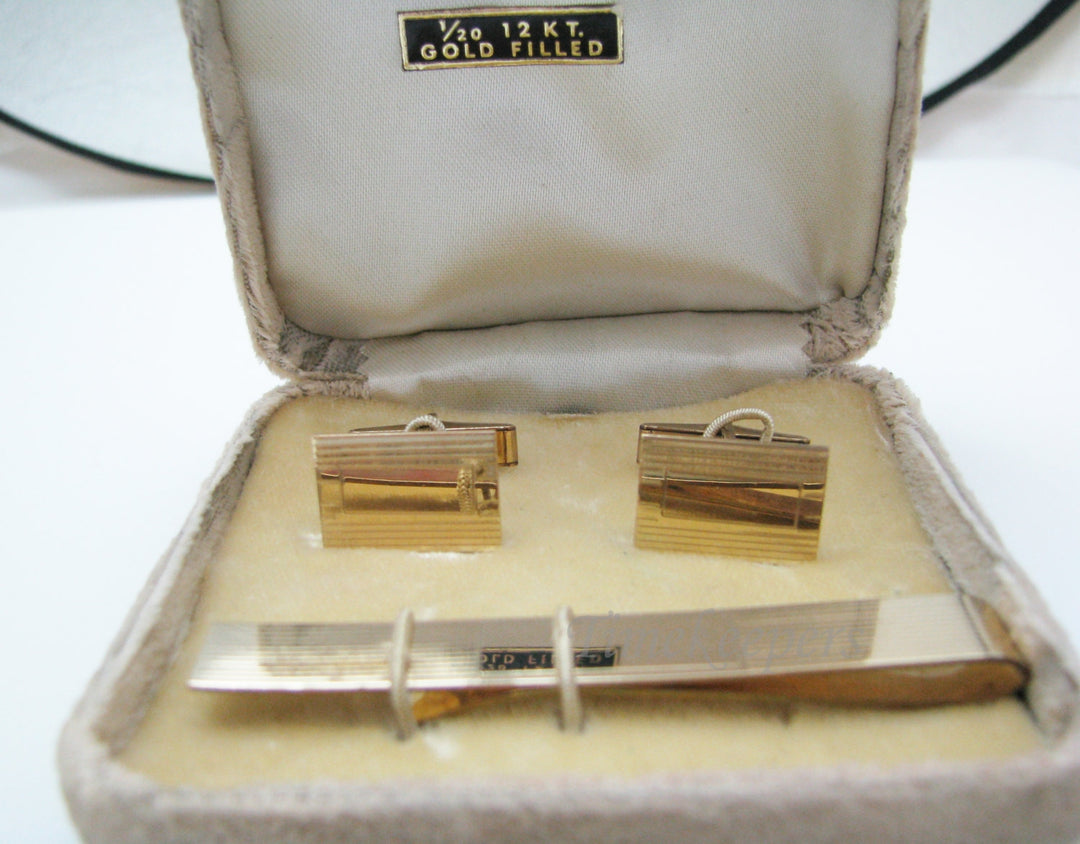c215 Vintage 12k Gold Filled, Etched Stripes, Tie Bar and Cuff Link Set In box