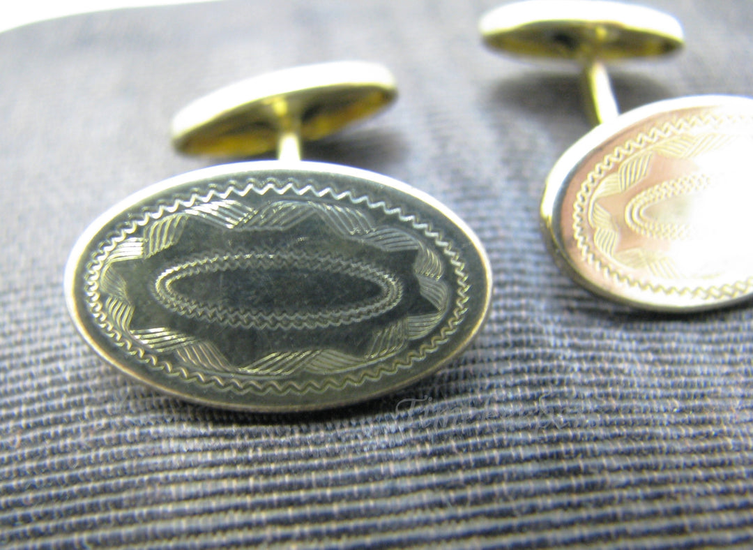 c247 Vintage Oval Gold Tone Double Sided Cuff links with an Etched Top